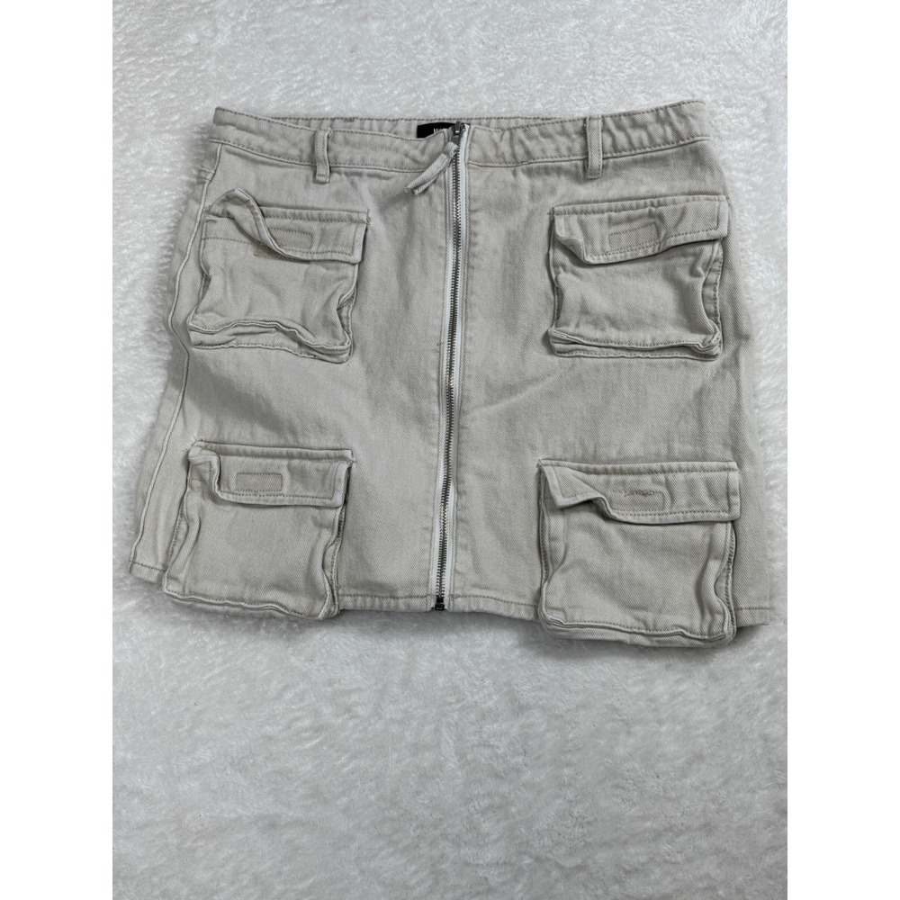 Missguided Mini Skirt Utility Pockets Front Zip Beige Denim Skirt Size US 10